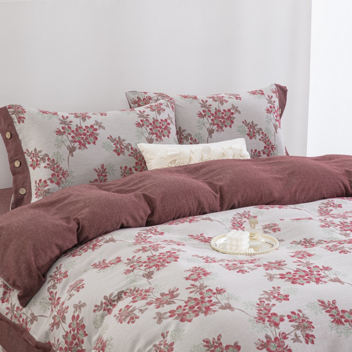 91家纺网 家纺一手货源 找家纺 仰望棉麻双层纱供应链 2025新款临江仙-粉全棉纯棉色织提花纽扣款四件套 临江仙-粉