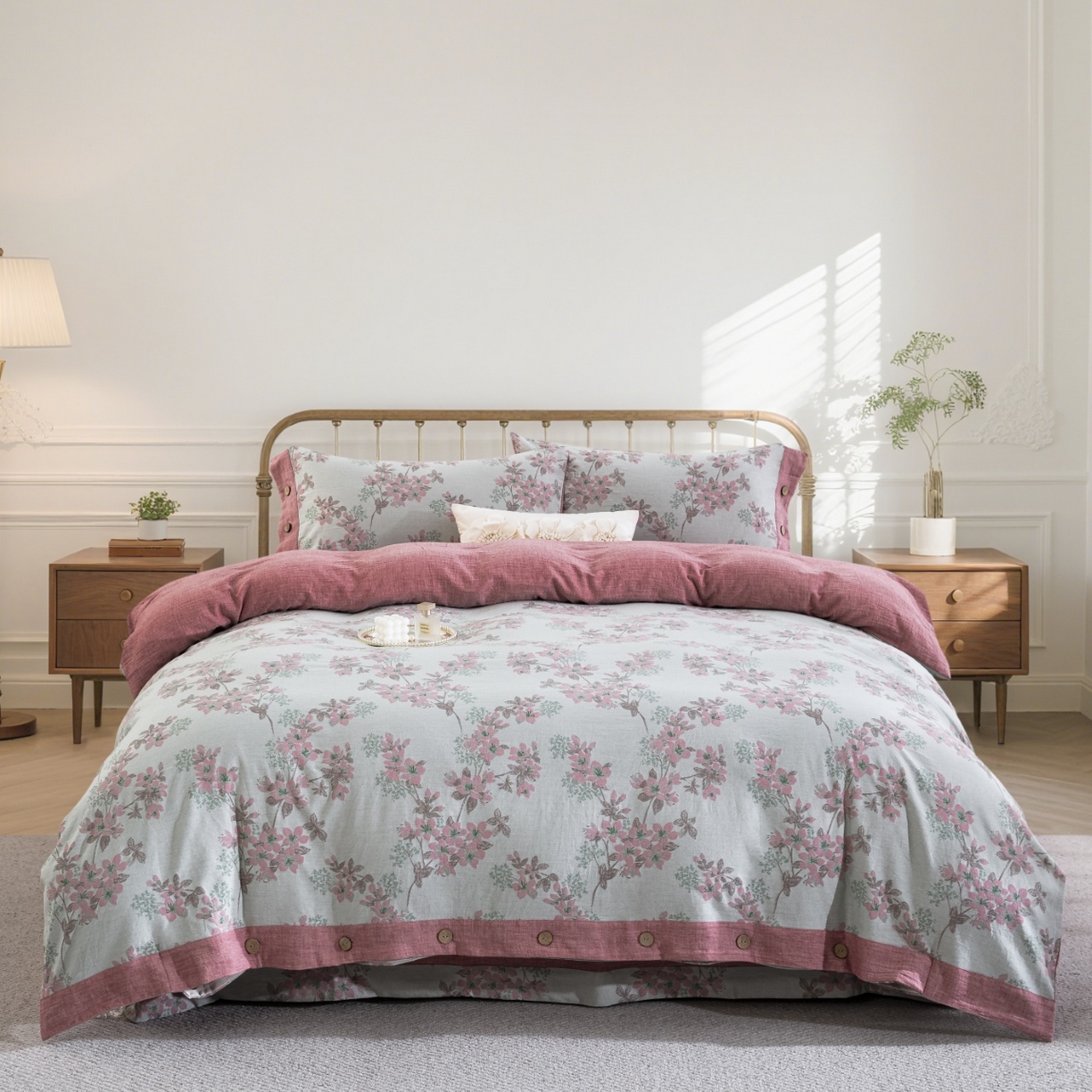 91家纺网 家纺一手货源 找家纺 仰望棉麻双层纱供应链 2025新款临江仙-粉全棉纯棉色织提花纽扣款四件套 临江仙-蓝