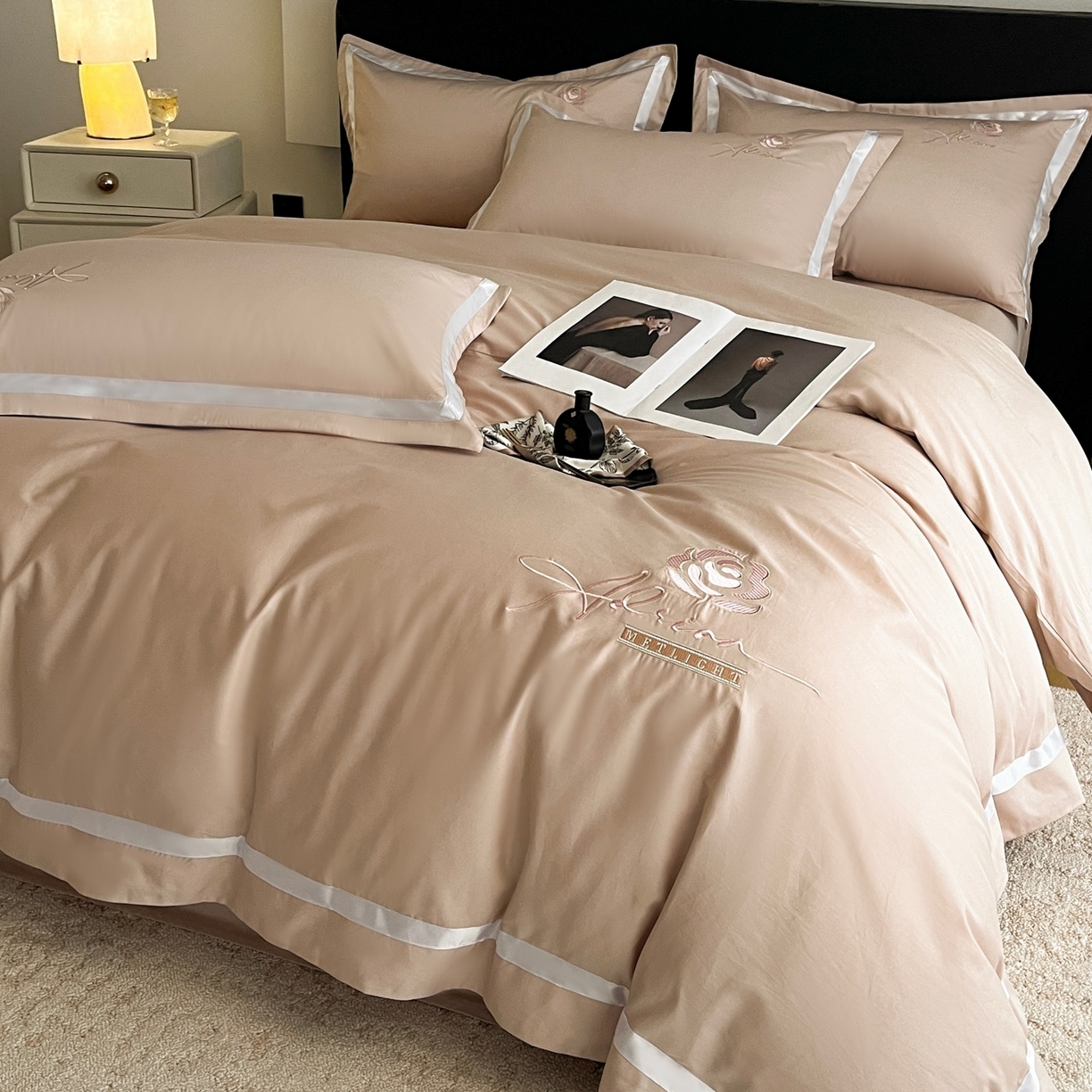 新方向 2026新款刺绣全棉100s贡缎长绒棉四件套-茶花开了 茶花开了-香槟