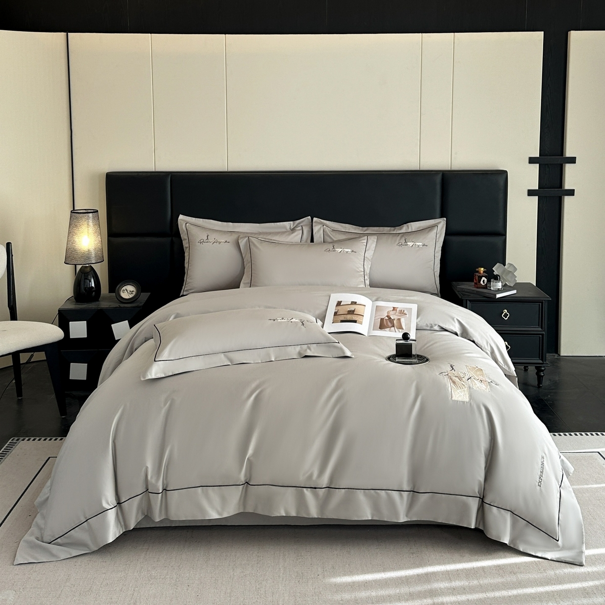 91家纺网 家纺一手货源 找家纺 新方向 2026新款刺绣全棉100s贡缎长绒棉四件套-哈德森 哈德森-爵士灰