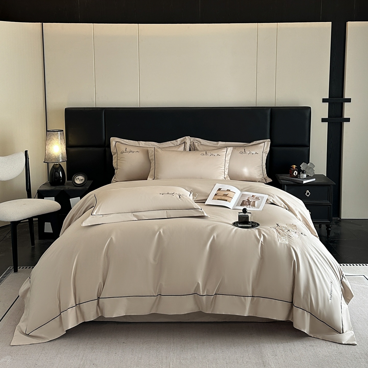 91家纺网 家纺一手货源 找家纺 新方向 2026新款刺绣全棉100s贡缎长绒棉四件套-哈德森 哈德森-香槟