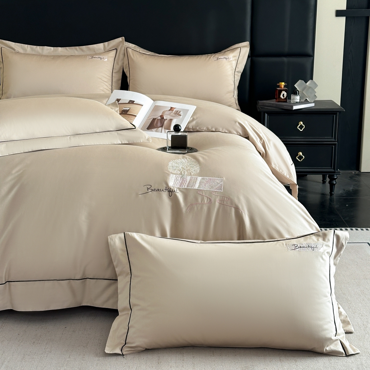 91家纺网 家纺一手货源 找家纺 新方向 2025新款刺绣全棉100s贡缎长绒棉四件套-往事 往事-香槟