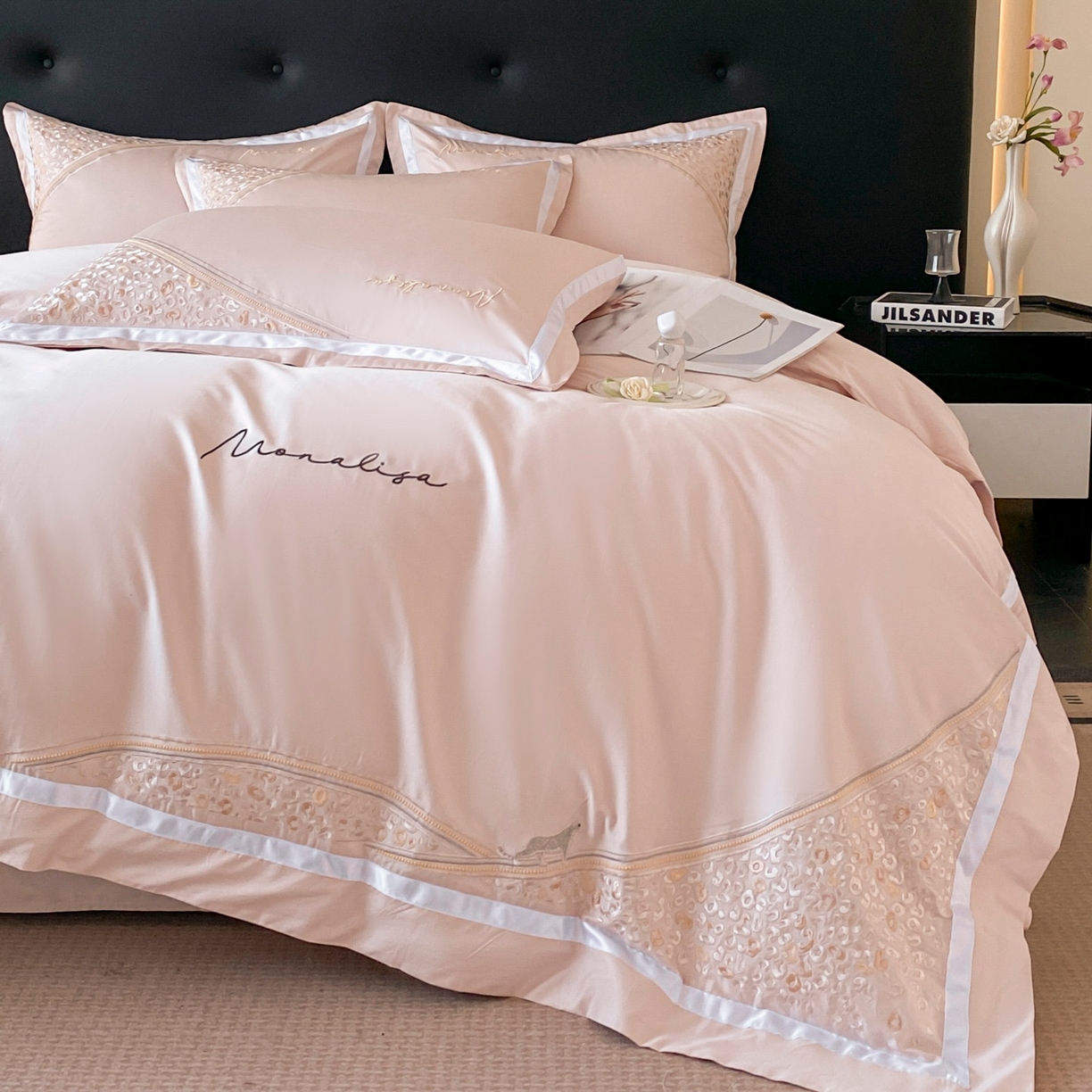 91家纺网 家纺一手货源 找家纺 新方向 2025新款刺绣全棉100s贡缎长绒棉四件套-威尔 威尔-蔷薇粉