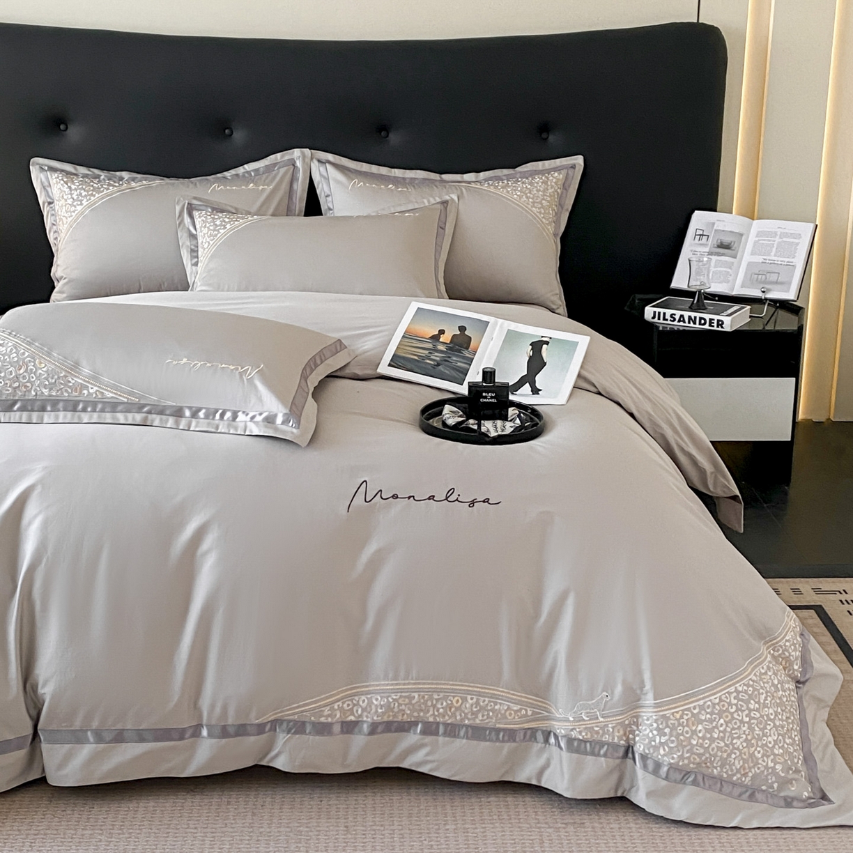 91家纺网 家纺一手货源 找家纺 新方向 2025新款刺绣全棉100s贡缎长绒棉四件套-威尔 威尔-爵士灰