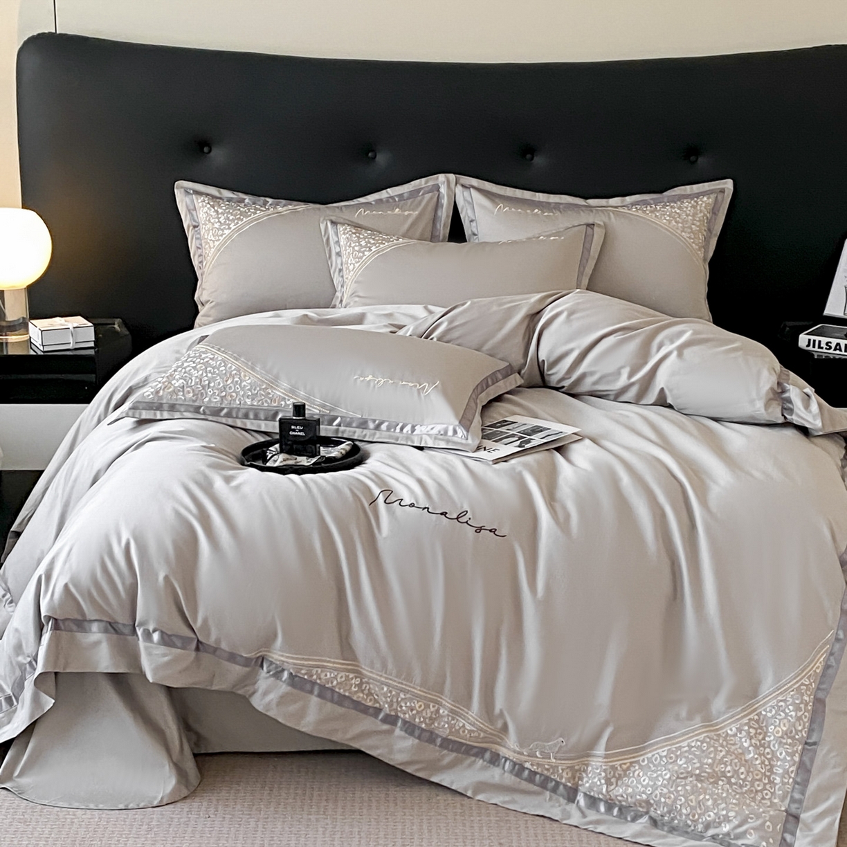 91家纺网 家纺一手货源 找家纺 新方向 2025新款刺绣全棉100s贡缎长绒棉四件套-威尔 威尔-爵士灰