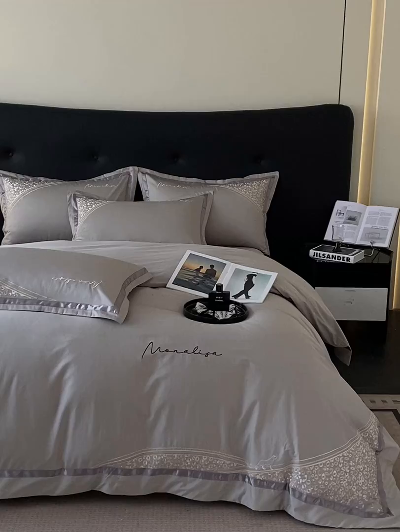 91家纺网 家纺一手货源 找家纺 新方向 2025新款刺绣全棉100s贡缎长绒棉四件套-威尔 威尔-爵士灰