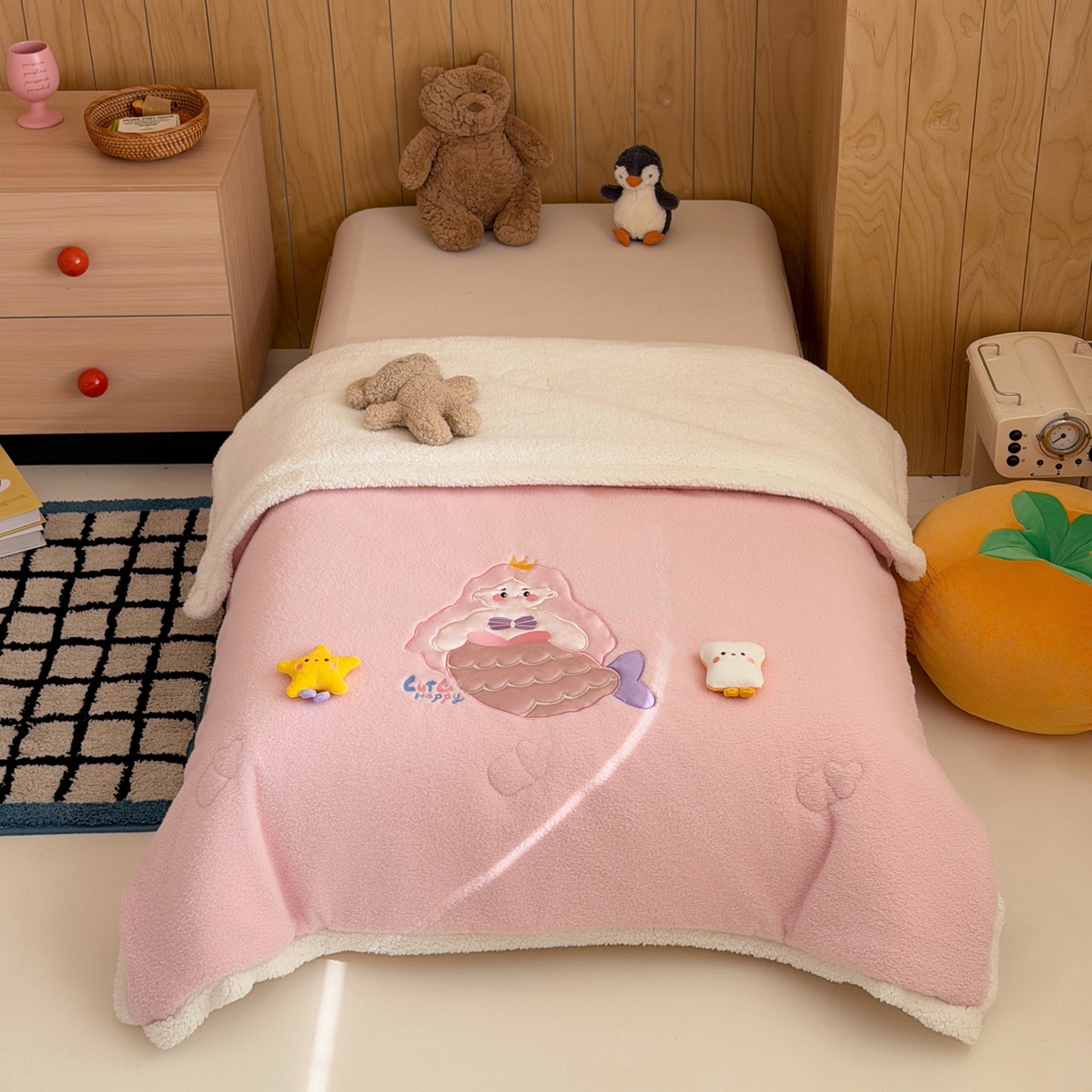 喜多兔儿童家纺 2025新款圆圆系列抗菌恒温奶柔羊咩绒毯毛毯被 粉色圆滚滚的美人鱼