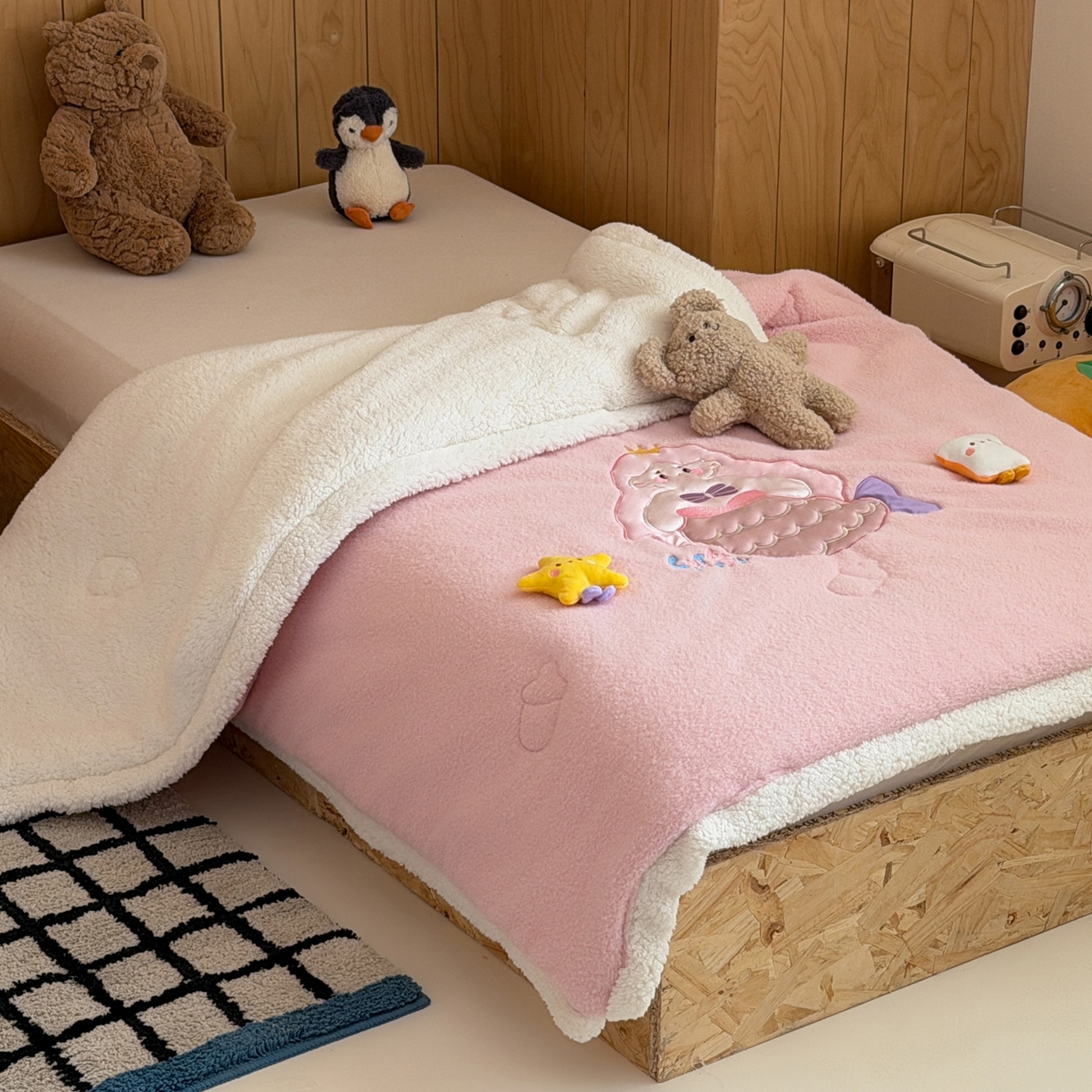 91家纺网 家纺一手货源 找家纺 喜多兔儿童家纺 2025新款圆圆系列抗菌恒温奶柔羊咩绒毯毛毯被 粉色圆滚滚的美人鱼