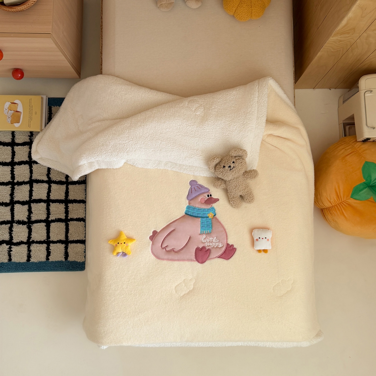 91家纺网 家纺一手货源 找家纺 喜多兔儿童家纺 2025新款圆圆系列抗菌恒温奶柔羊咩绒毯毛毯被 黄色圆滚滚的小鸭子