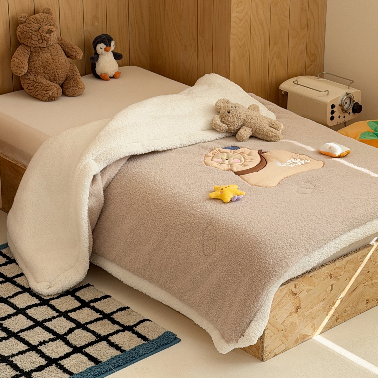 91家纺网 家纺一手货源 找家纺 喜多兔儿童家纺 2025新款圆圆系列抗菌恒温奶柔羊咩绒毯毛毯被 卡其色圆滚滚的小狮子
