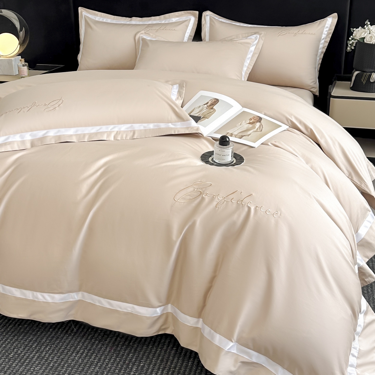 91家纺网 家纺一手货源 找家纺 新方向 2025新款刺绣全棉100s贡缎长绒棉四件套-自信 自信-香槟