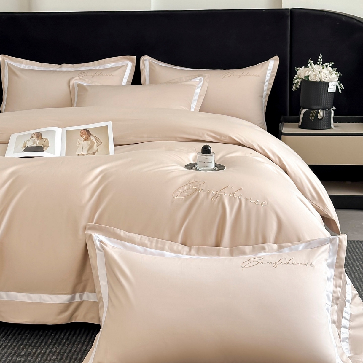 91家纺网 家纺一手货源 找家纺 新方向 2025新款刺绣全棉100s贡缎长绒棉四件套-自信 自信-香槟