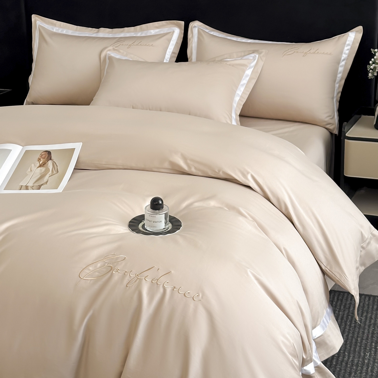 91家纺网 家纺一手货源 找家纺 新方向 2025新款刺绣全棉100s贡缎长绒棉四件套-自信 自信-香槟