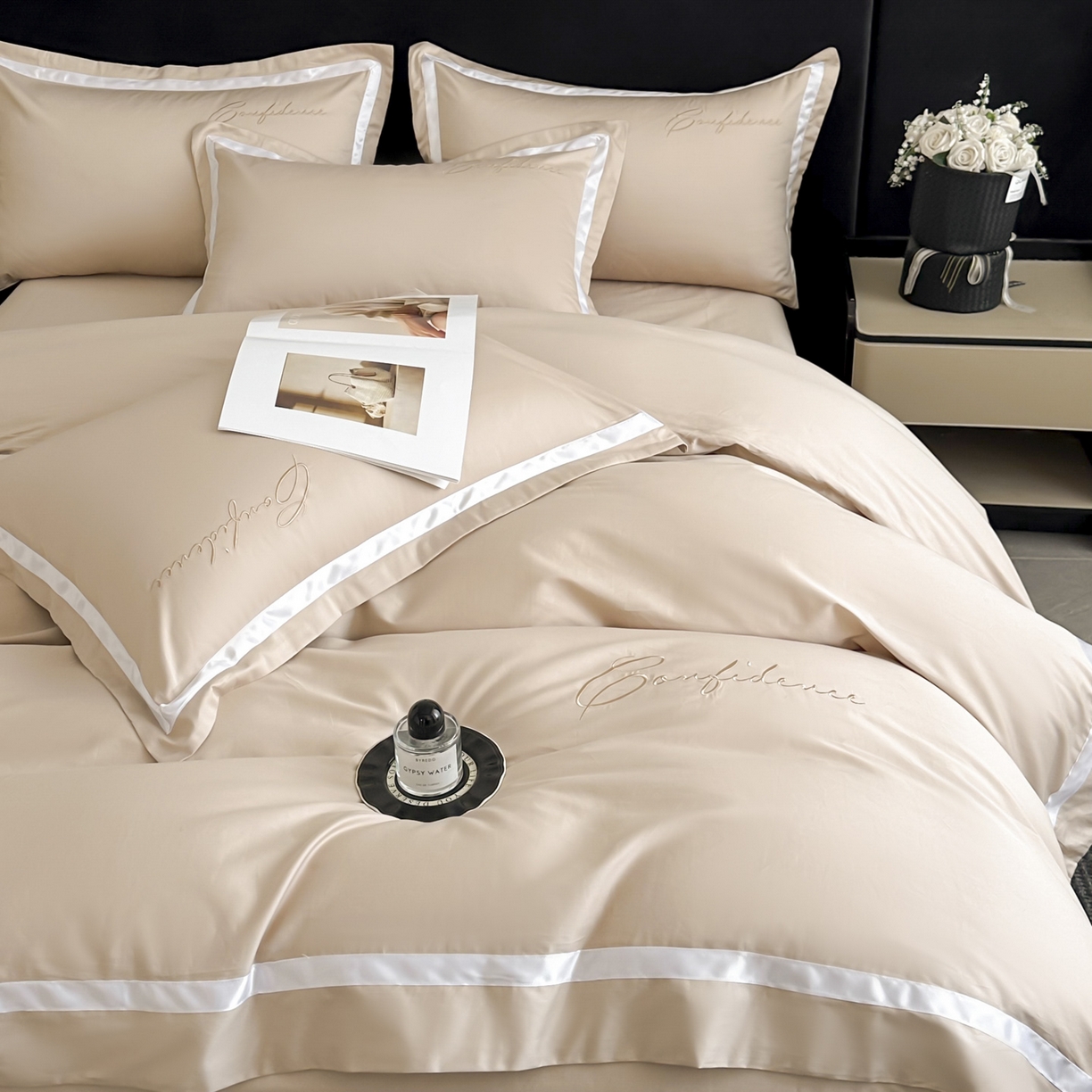 91家纺网 家纺一手货源 找家纺 新方向 2025新款刺绣全棉100s贡缎长绒棉四件套-自信 自信-香槟