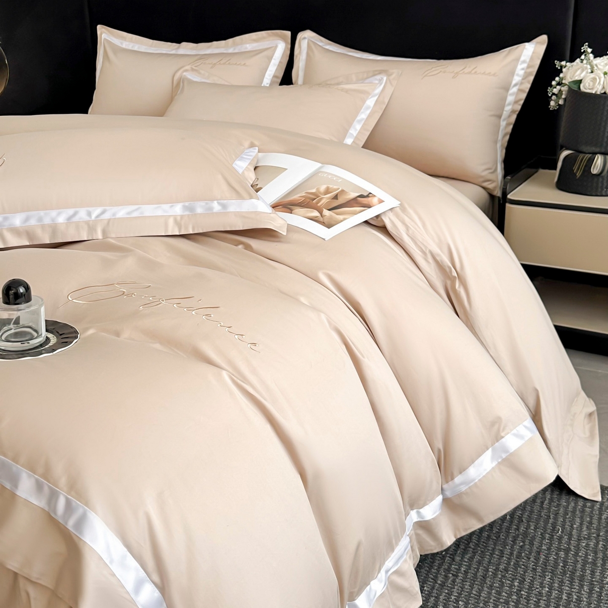 91家纺网 家纺一手货源 找家纺 新方向 2025新款刺绣全棉100s贡缎长绒棉四件套-自信 自信-香槟