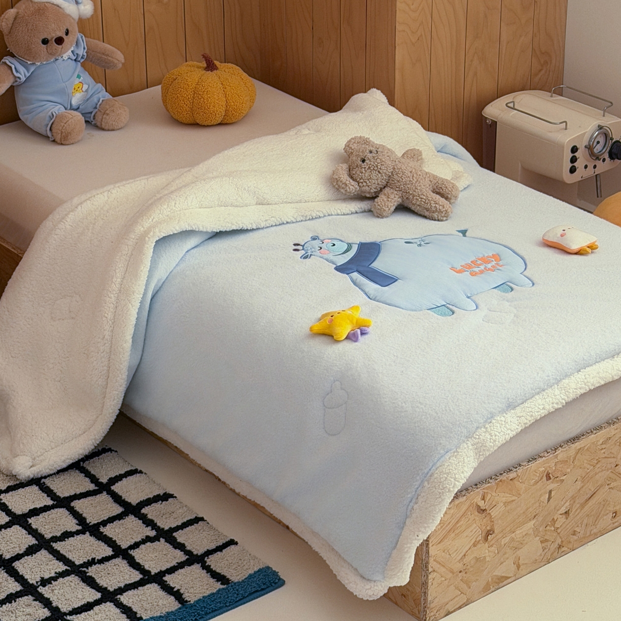 91家纺网 家纺一手货源 找家纺 喜多兔儿童家纺 2025新款圆圆系列抗菌恒温奶柔羊咩绒毯毛毯被 蓝色圆滚滚的小鹿