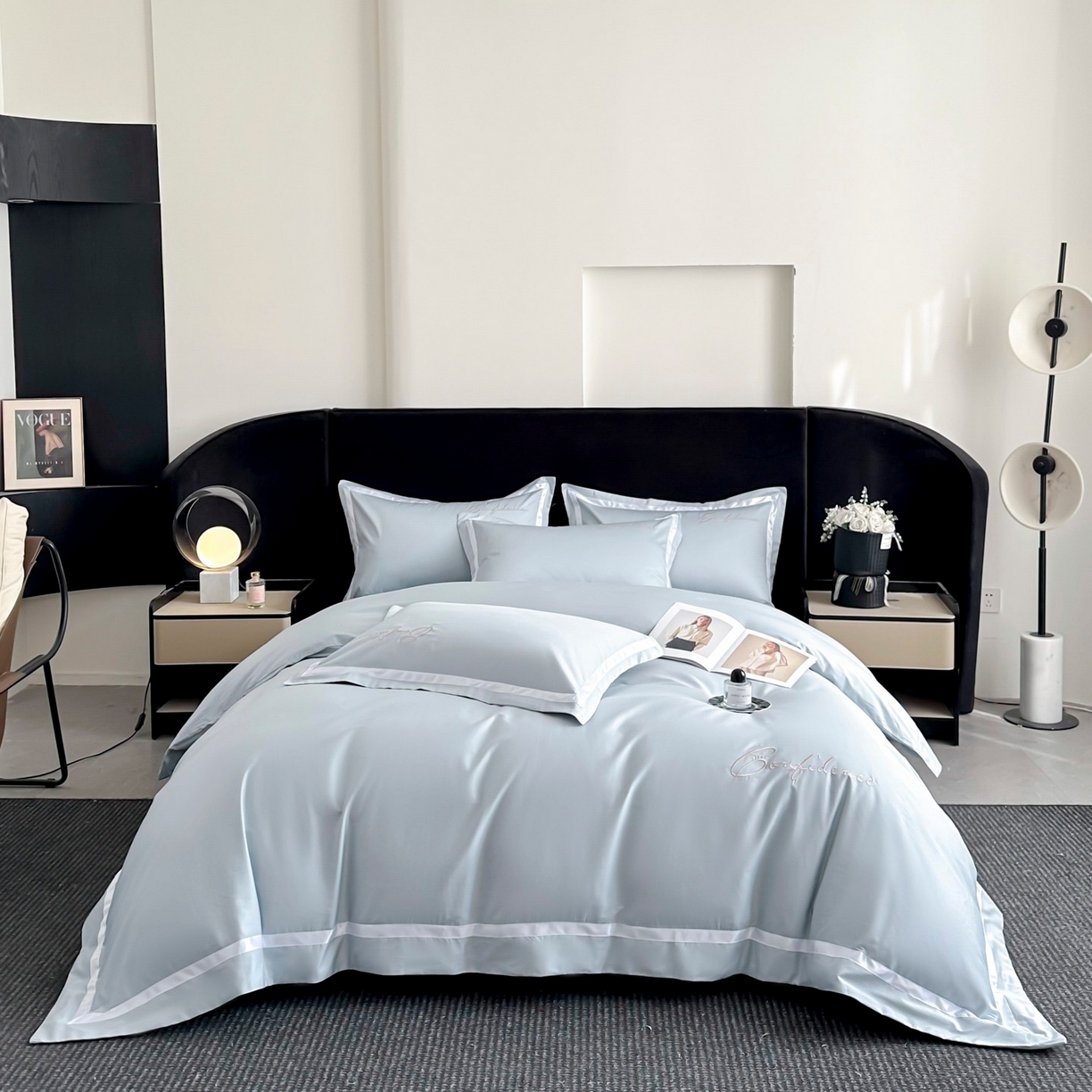 91家纺网 家纺一手货源 找家纺 新方向 2025新款刺绣全棉100s贡缎长绒棉四件套-自信 自信-星月蓝