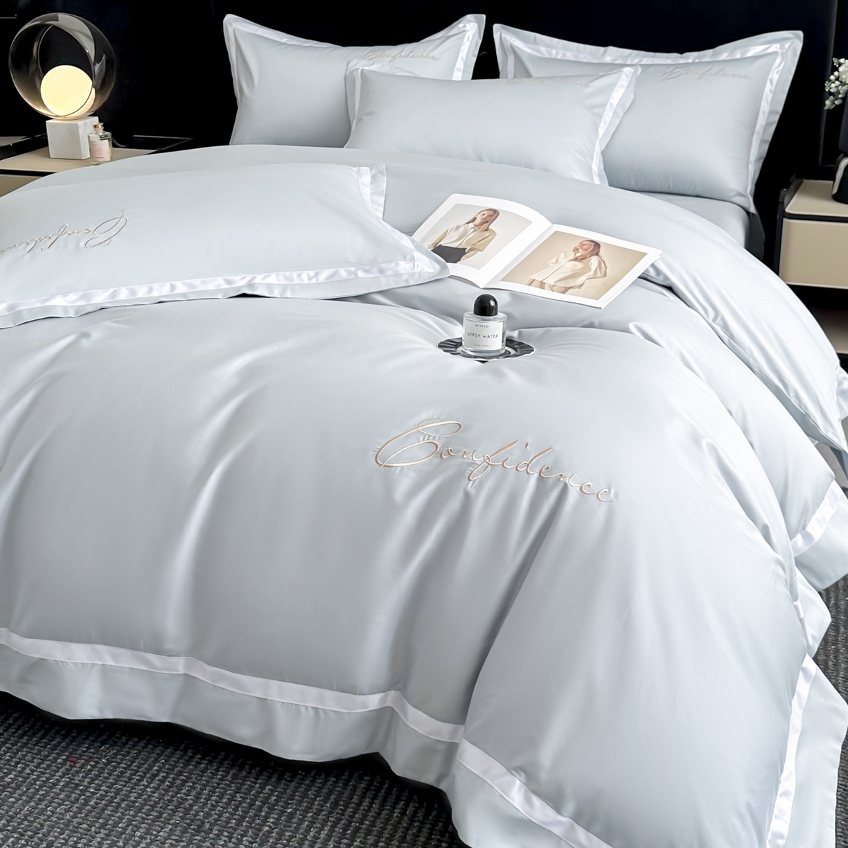 91家纺网 家纺一手货源 找家纺 新方向 2025新款刺绣全棉100s贡缎长绒棉四件套-自信 自信-星月蓝