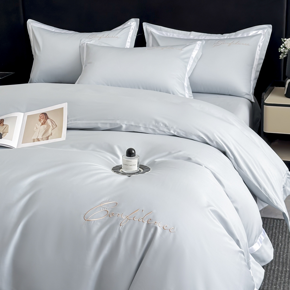 91家纺网 家纺一手货源 找家纺 新方向 2025新款刺绣全棉100s贡缎长绒棉四件套-自信 自信-星月蓝