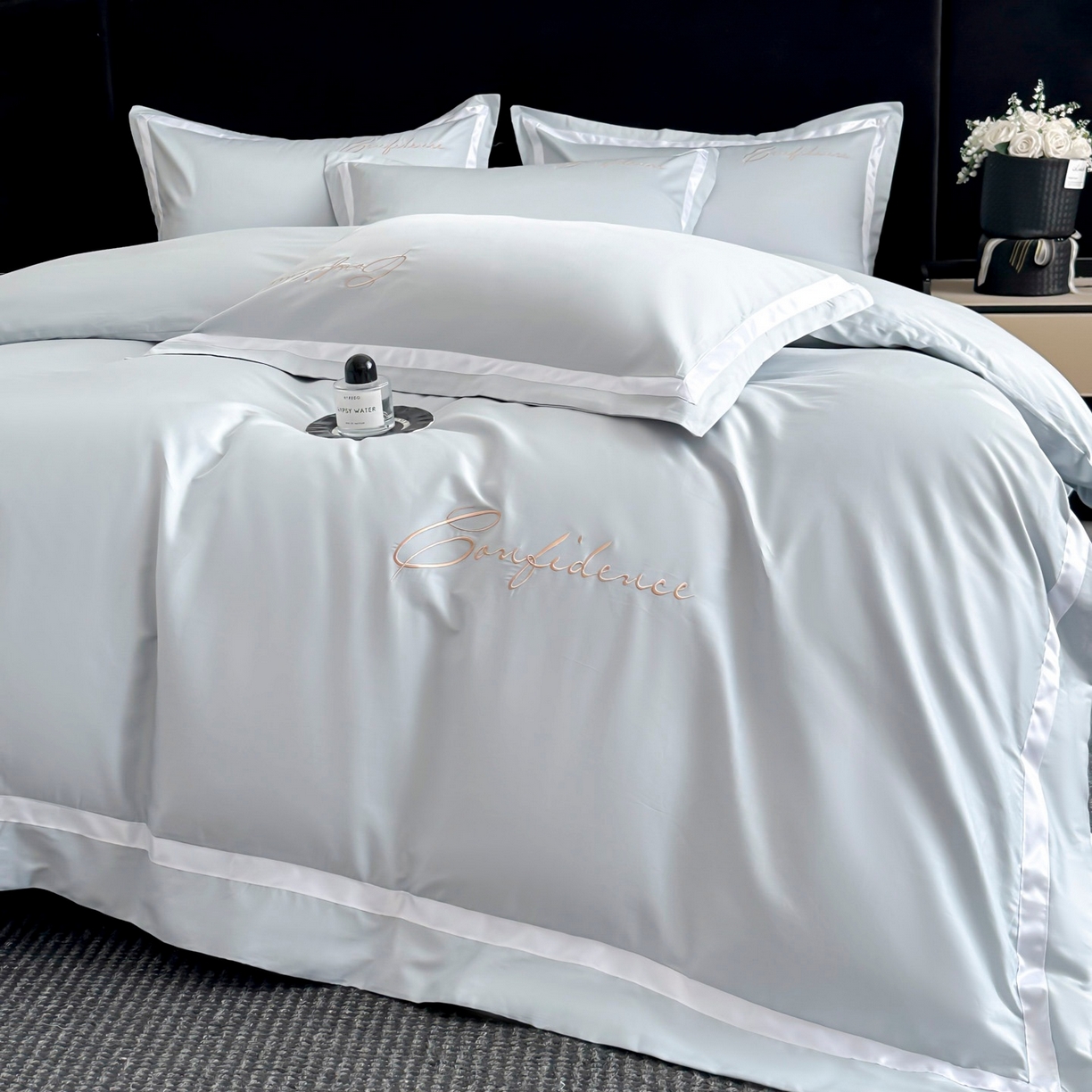 91家纺网 家纺一手货源 找家纺 新方向 2025新款刺绣全棉100s贡缎长绒棉四件套-自信 自信-星月蓝