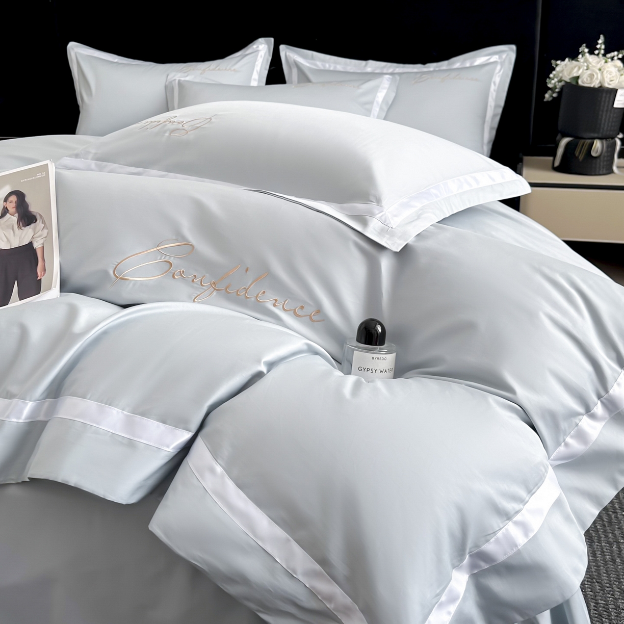 91家纺网 家纺一手货源 找家纺 新方向 2025新款刺绣全棉100s贡缎长绒棉四件套-自信 自信-星月蓝