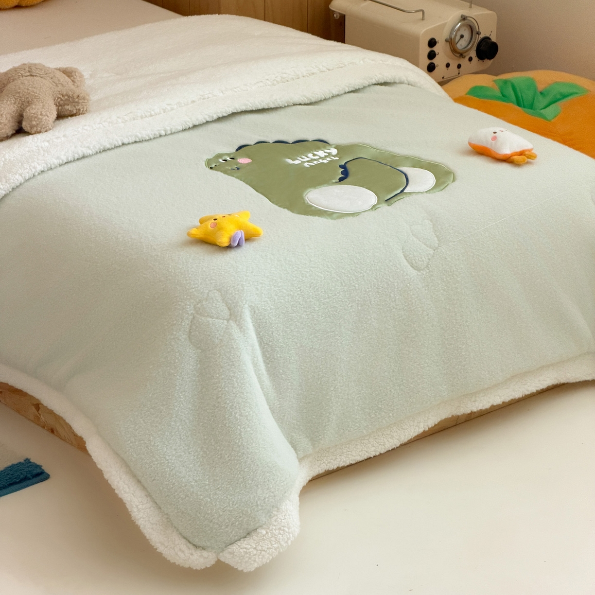 91家纺网 家纺一手货源 找家纺 喜多兔儿童家纺 2025新款圆圆系列抗菌恒温奶柔羊咩绒毯毛毯被 绿色圆滚滚的小恐龙
