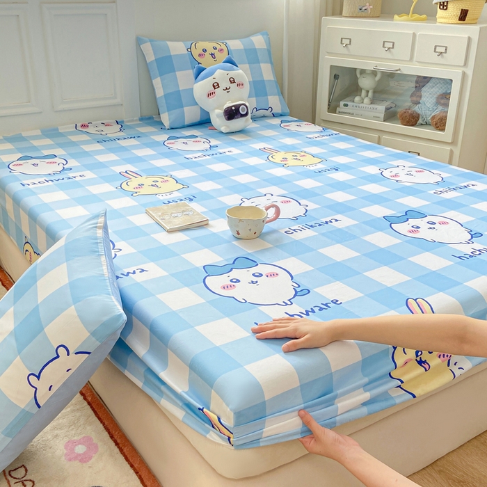 91家纺网 家纺一手货源 找家纺 博雅 2025新款全棉吉伊咔哇单床笠 蓝格吉伊卡哇