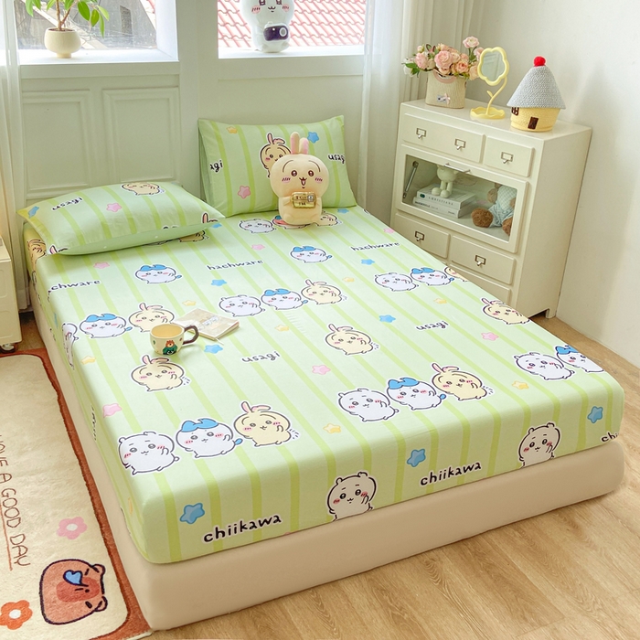 91家纺网 家纺一手货源 找家纺 博雅 2025新款全棉吉伊咔哇单床笠 绿条纹吉伊卡哇