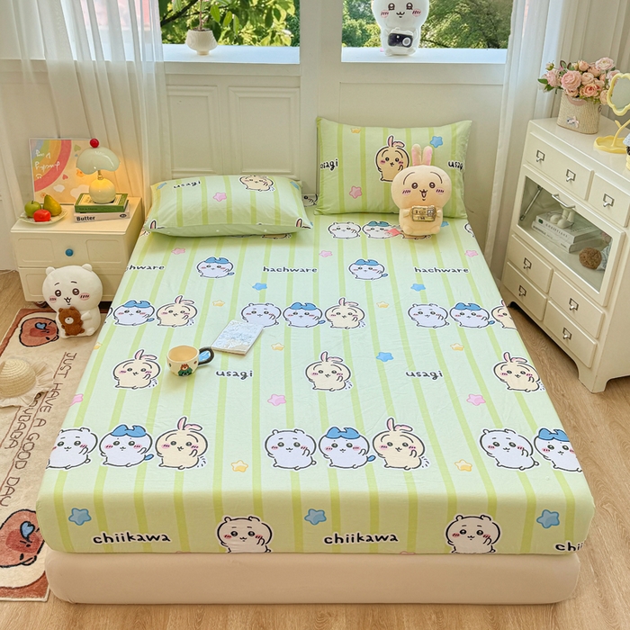 91家纺网 家纺一手货源 找家纺 博雅 2025新款全棉吉伊咔哇单床笠 绿条纹吉伊卡哇