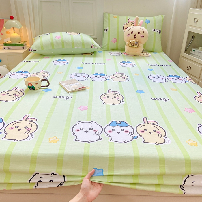 91家纺网 家纺一手货源 找家纺 博雅 2025新款全棉吉伊咔哇单床笠 绿条纹吉伊卡哇