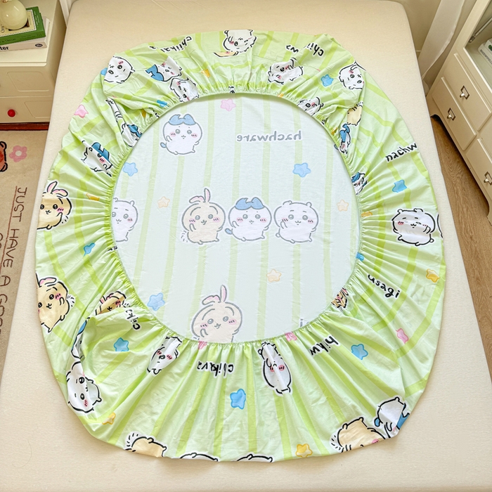 91家纺网 家纺一手货源 找家纺 博雅 2025新款全棉吉伊咔哇单床笠 绿条纹吉伊卡哇