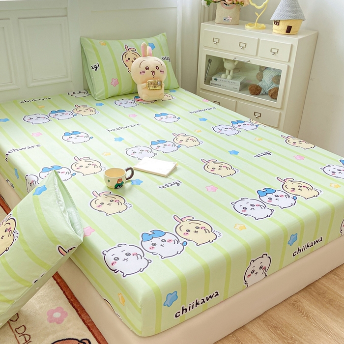 91家纺网 家纺一手货源 找家纺 博雅 2025新款全棉吉伊咔哇单床笠 绿条纹吉伊卡哇