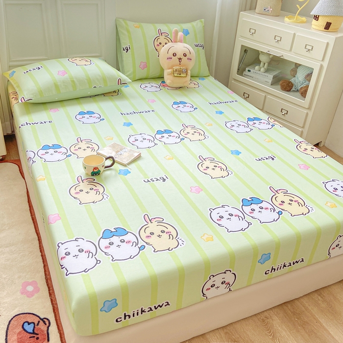 91家纺网 家纺一手货源 找家纺 博雅 2025新款全棉吉伊咔哇单床笠 绿条纹吉伊卡哇