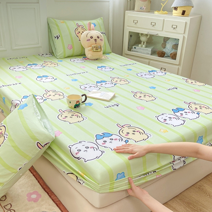 91家纺网 家纺一手货源 找家纺 博雅 2025新款全棉吉伊咔哇单床笠 绿条纹吉伊卡哇