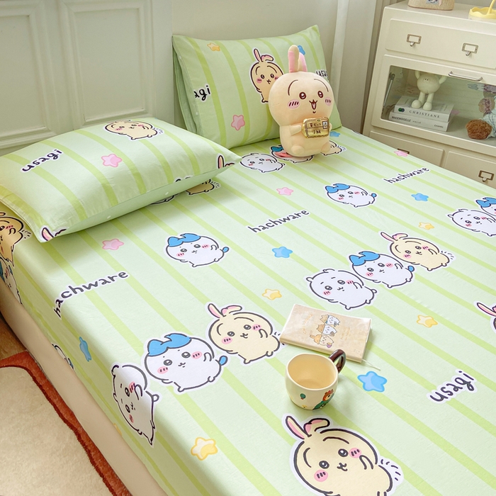 91家纺网 家纺一手货源 找家纺 博雅 2025新款全棉吉伊咔哇单床笠 绿条纹吉伊卡哇