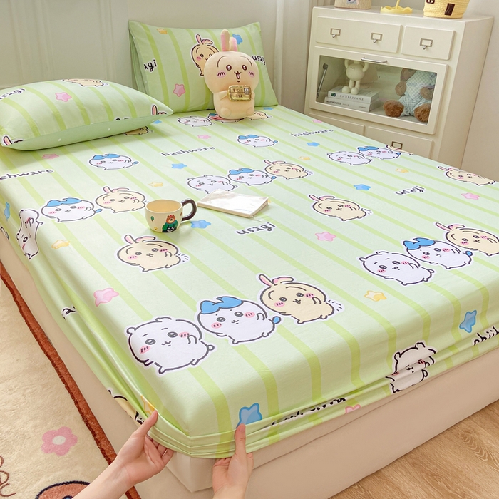 91家纺网 家纺一手货源 找家纺 博雅 2025新款全棉吉伊咔哇单床笠 绿条纹吉伊卡哇