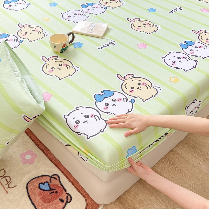 91家纺网 家纺一手货源 找家纺 博雅 2025新款全棉吉伊咔哇单床笠 绿条纹吉伊卡哇