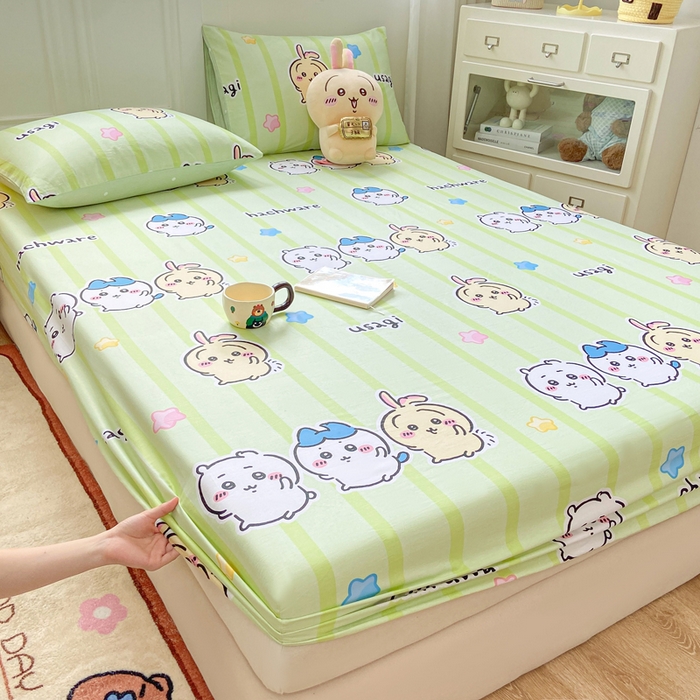 91家纺网 家纺一手货源 找家纺 博雅 2025新款全棉吉伊咔哇单床笠 绿条纹吉伊卡哇