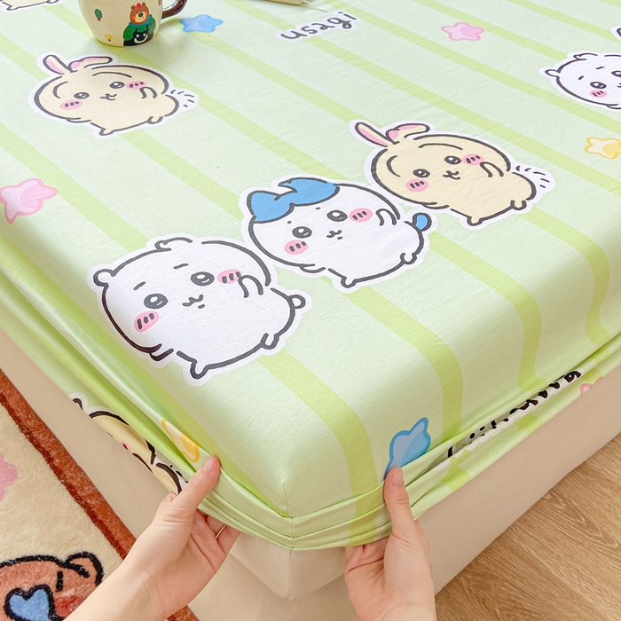 91家纺网 家纺一手货源 找家纺 博雅 2025新款全棉吉伊咔哇单床笠 绿条纹吉伊卡哇