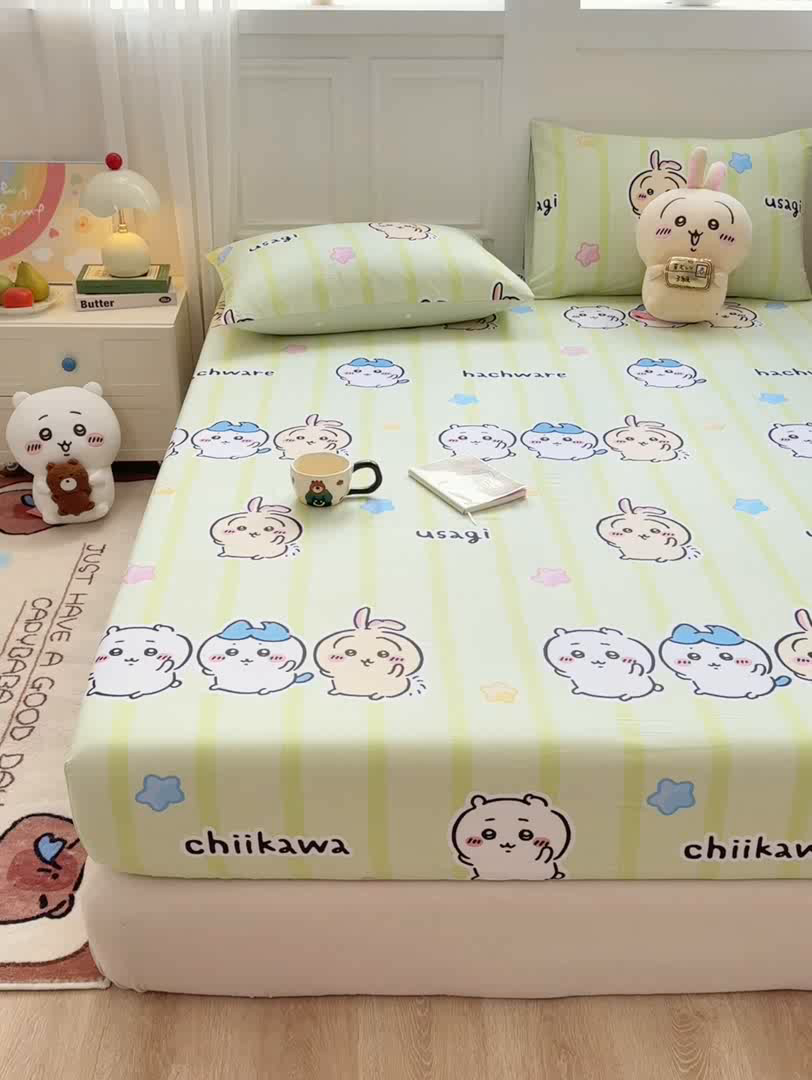 91家纺网 家纺一手货源 找家纺 博雅 2025新款全棉吉伊咔哇单床笠 绿条纹吉伊卡哇