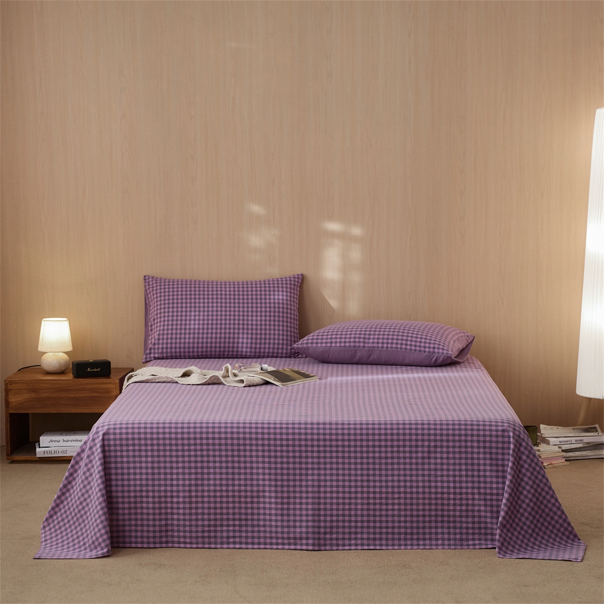 91家纺网 家纺一手货源 找家纺 启程家纺 2026新款纯棉水洗棉复古小格多规格系列四件套 复古小格-紫