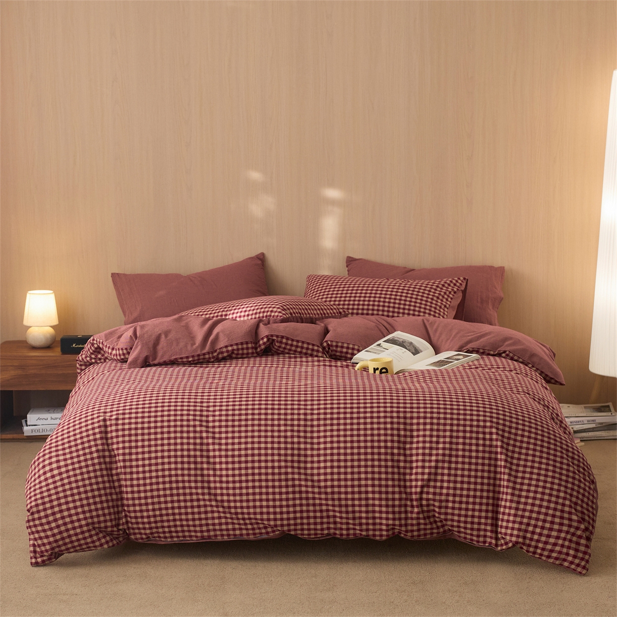91家纺网 家纺一手货源 找家纺 启程家纺 2026新款纯棉水洗棉复古小格多规格系列四件套 复古小格-红