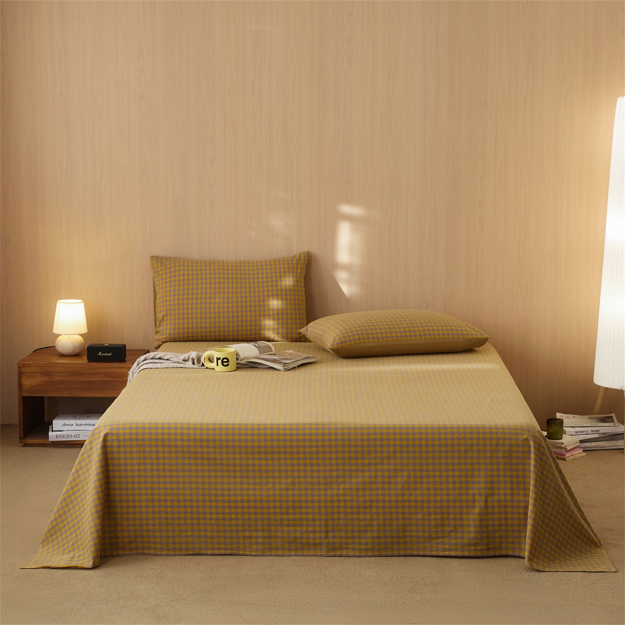 91家纺网 家纺一手货源 找家纺 启程家纺 2026新款纯棉水洗棉复古小格多规格系列四件套 复古小格-黄