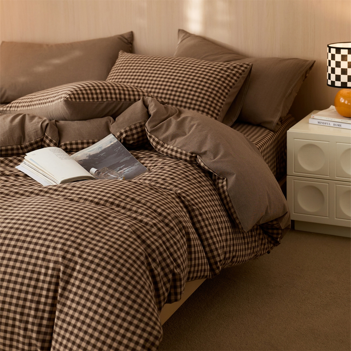 91家纺网 家纺一手货源 找家纺 启程家纺 2026新款纯棉水洗棉复古小格多规格系列四件套 复古小格-咖