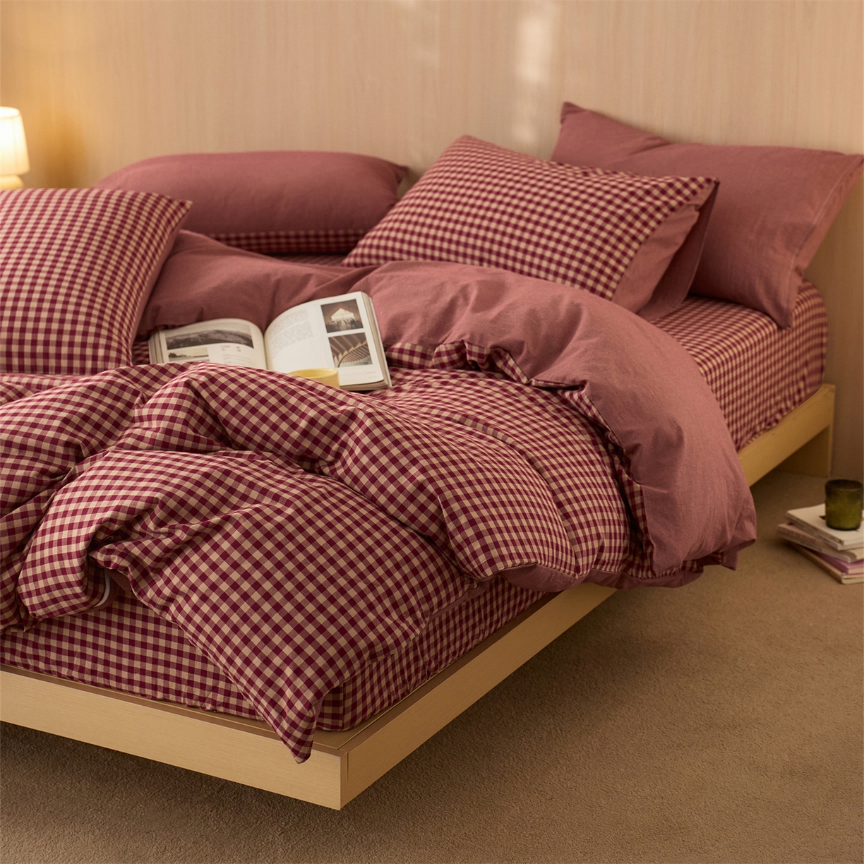 91家纺网 家纺一手货源 找家纺 启程家纺 2026新款纯棉水洗棉复古小格多规格系列四件套 复古小格-红