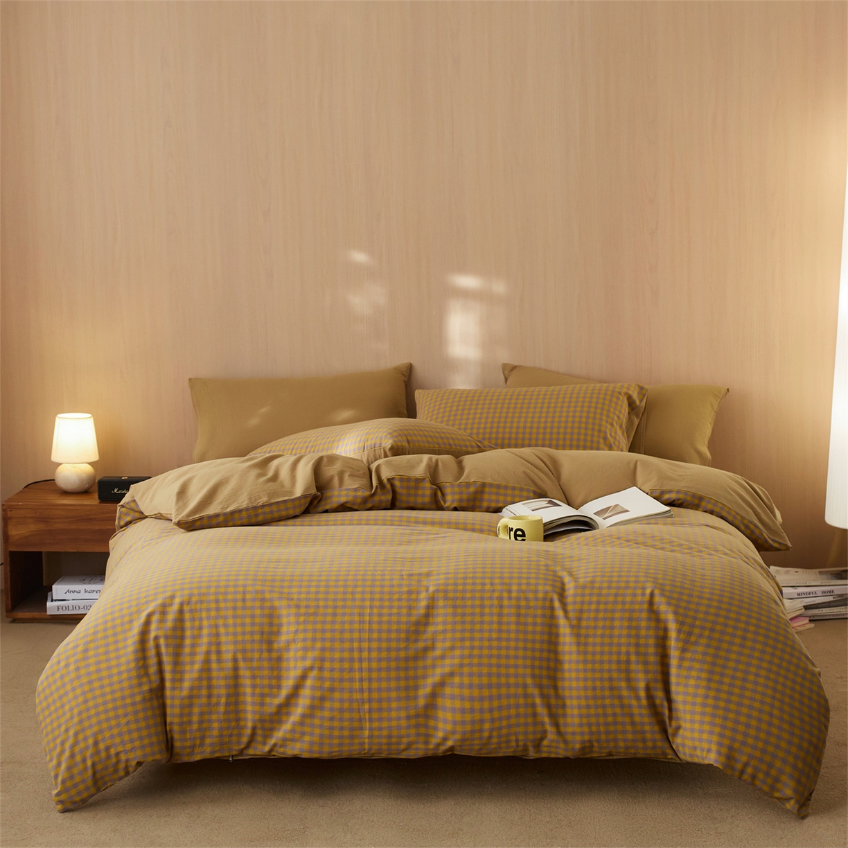 91家纺网 家纺一手货源 找家纺 启程家纺 2026新款纯棉水洗棉复古小格多规格系列四件套 复古小格-黄