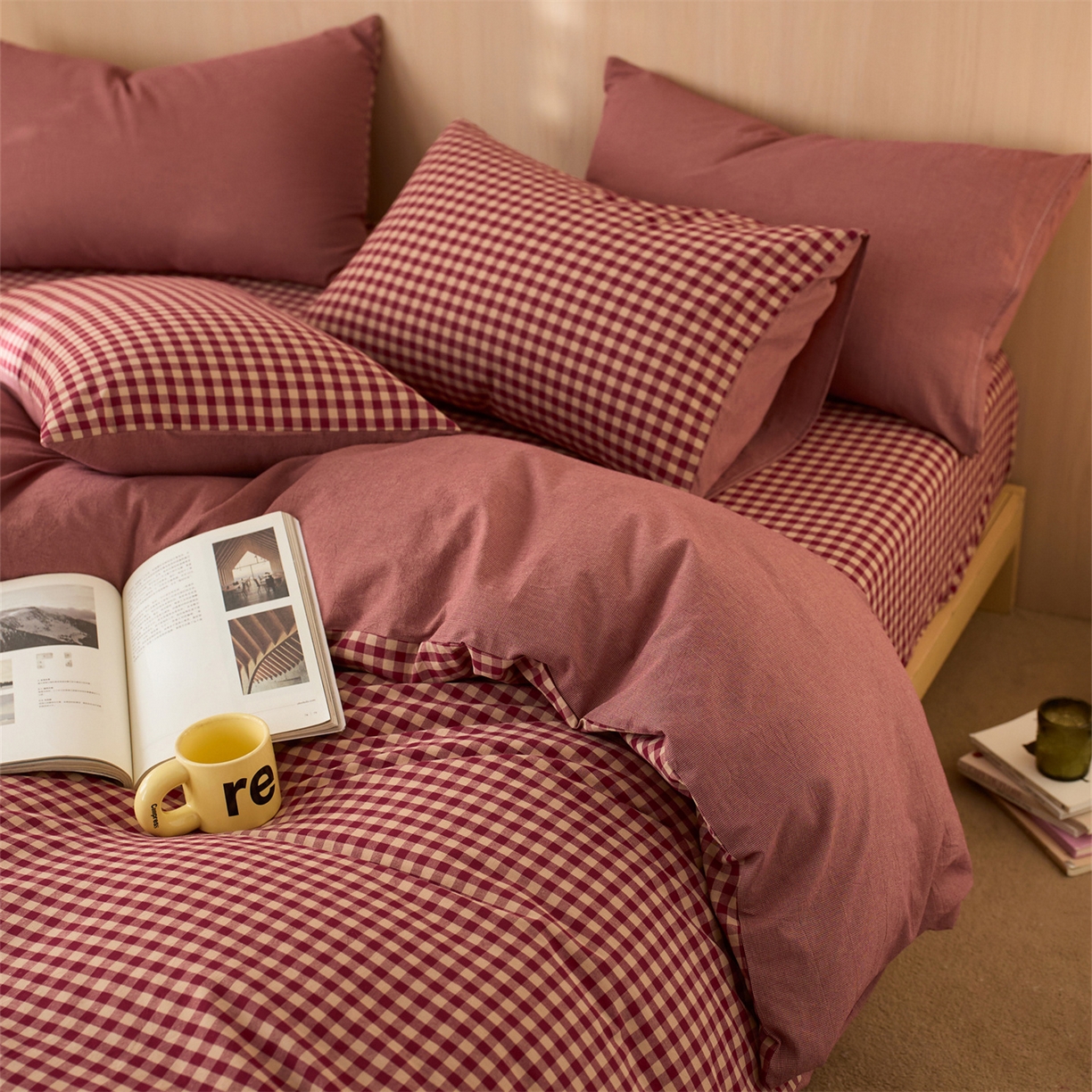 91家纺网 家纺一手货源 找家纺 启程家纺 2026新款纯棉水洗棉复古小格多规格系列四件套 复古小格-红