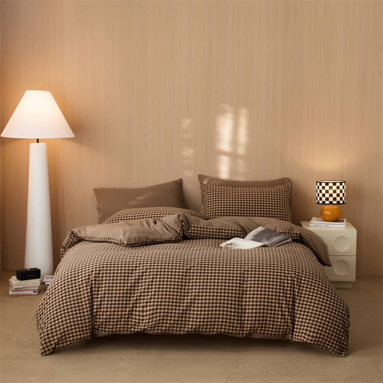 91家纺网 家纺一手货源 找家纺 启程家纺 2026新款纯棉水洗棉复古小格多规格系列四件套 复古小格-咖