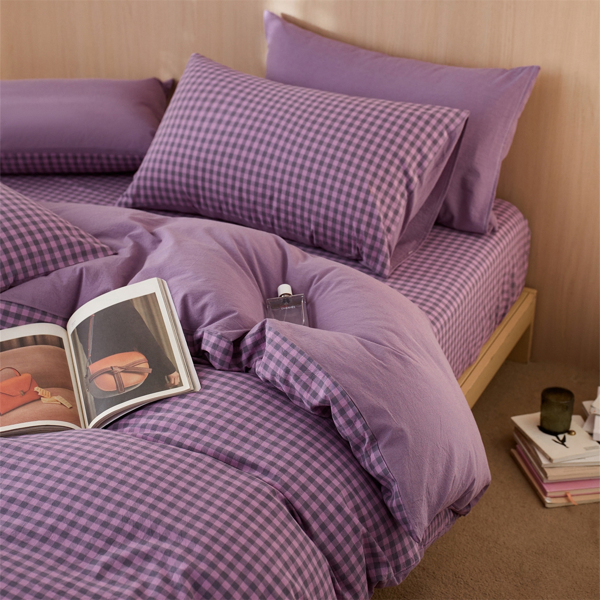 91家纺网 家纺一手货源 找家纺 启程家纺 2026新款纯棉水洗棉复古小格多规格系列四件套 复古小格-紫