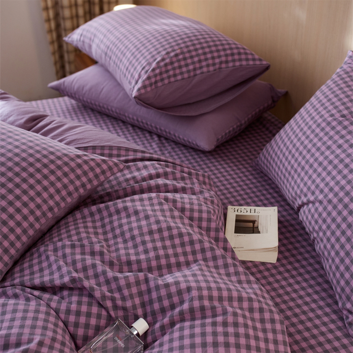 91家纺网 家纺一手货源 找家纺 启程家纺 2026新款纯棉水洗棉复古小格多规格系列四件套 复古小格-紫